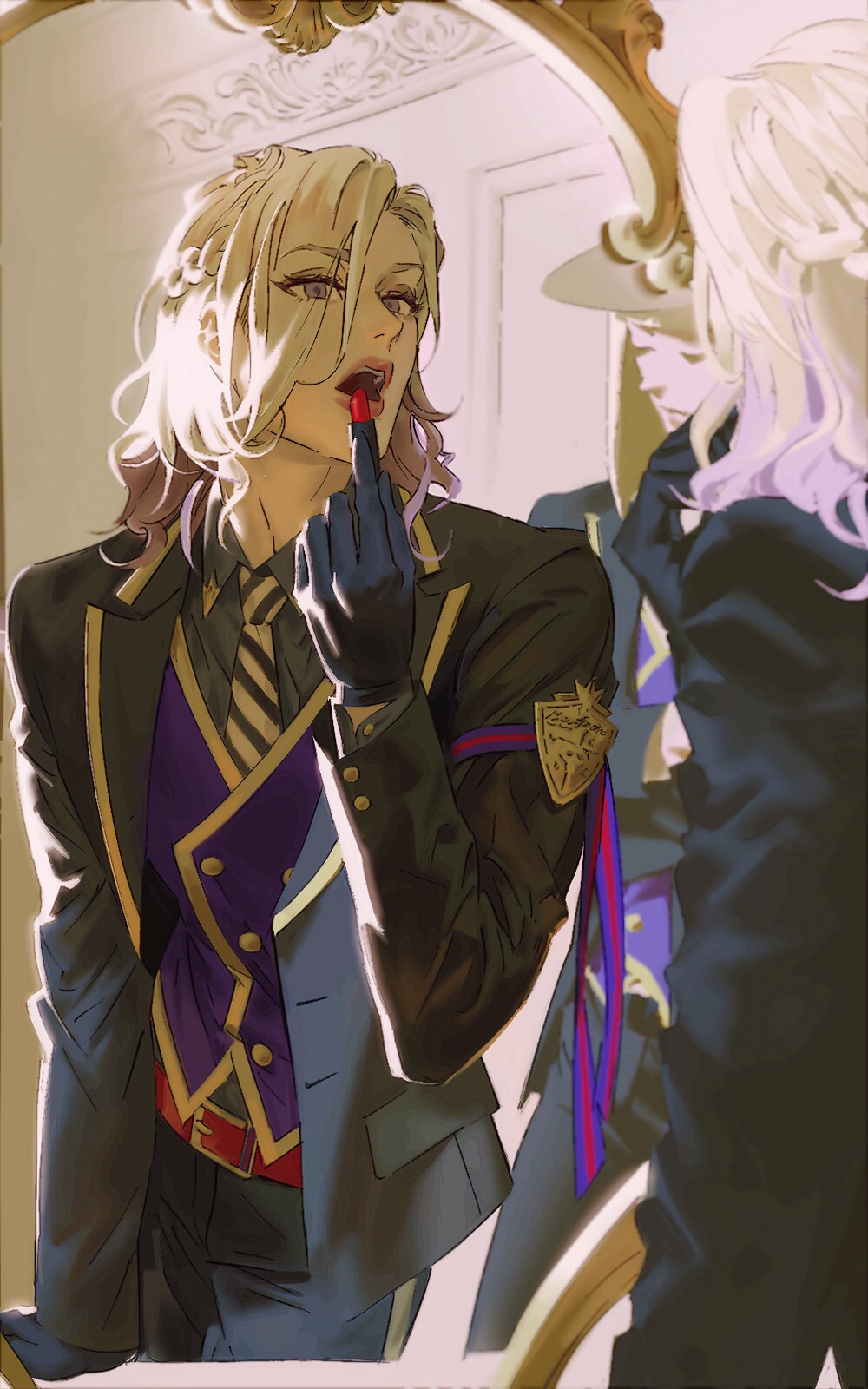 2boys androgynous applying_lipstick applying_makeup armband asa_(ultimatekakkoii) belt black_gloves blazer blonde_hair braid collared_shirt diagonal-striped_clothes diagonal-striped_necktie eyeshadow gloves gradient_hair half_up_braid highres jacket lapels leaning_on_table lipstick long_sleeves looking_at_reflection makeup male_focus medium_hair mirror multicolored_hair multiple_boys necktie night_raven_college_uniform notched_lapels open_mouth parted_bangs purple_armband purple_eyes purple_hair red_belt reflection reflection_focus rook_hunt shirt solo_focus striped_clothes twisted_wonderland vest vil_schoenheit waistcoat wavy_hair