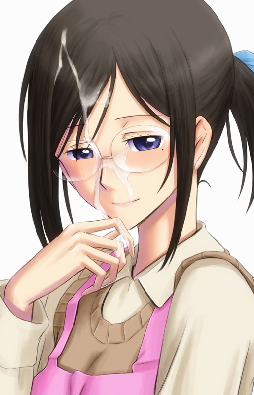 1girl apron black_hair blue_eyes blush bonnie_(rsg) cum cum_on_body cum_on_eyewear cum_on_hair cum_on_hands facial female_focus glasses kobato. long_sleeves looking_at_viewer mole mole_under_eye nose_blush okiura_sayaka pink_apron pink_lips smile solo upper_body vest white_background