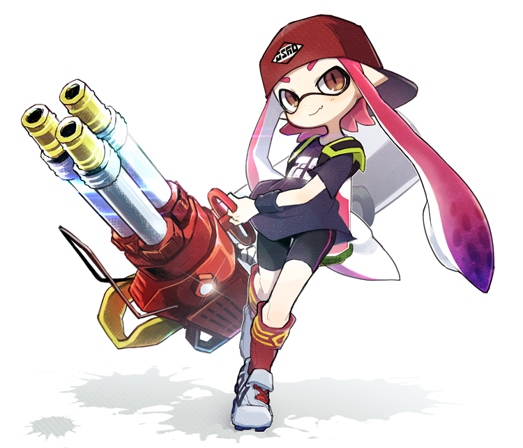 1girl ameko-107 backwards_hat baseball_cap bike_shorts black_shorts brown_eyes closed_mouth commentary_request fang full_body gradient_hair grey_shoes hat holding holding_weapon hydra_splatling_(splatoon) ink_tank_(splatoon) inkling inkling_girl inkling_player_character long_hair multicolored_hair nintendo pink_hair pointy_ears purple_hair purple_shirt red_hat red_socks shirt shoes short_sleeves shorts skin_fang slit_pupils smile socks solo splatoon_(series) splatoon_1 t-shirt tentacle_hair twintails two-tone_hair weapon wristband