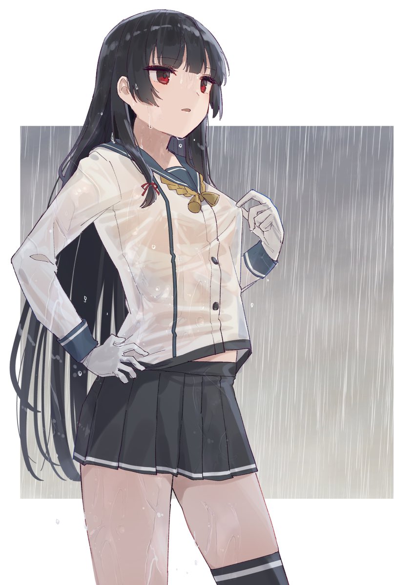 1girl black_hair black_skirt black_thighhighs blue_sailor_collar breasts buttons cowboy_shot gloves hair_ribbon highres isokaze_(kancolle) kantai_collection long_hair long_sleeves one-hour_drawing_challenge open_mouth pleated_skirt rain red_eyes red_ribbon ribbon sailor_collar school_uniform see-through_clothes serafuku single_thighhigh skirt small_breasts solo thighhighs tress_ribbon wet wet_clothes wet_hair white_gloves yamashichi_(mtseven)