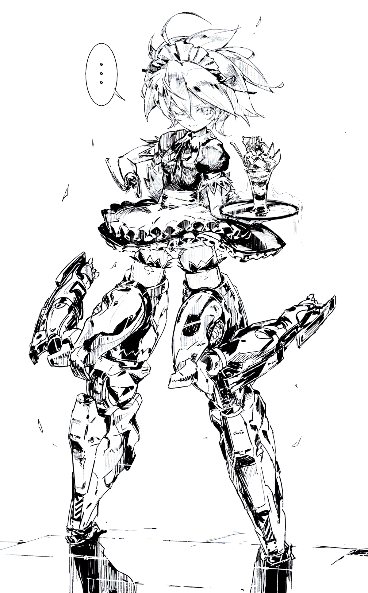 1girl amputee android commentary_request dress flat_chest food full_body greyscale highres holding holding_tray jnt maid maid_headdress mechanical_legs monochrome one_eye_closed original panties parfait prosthesis prosthetic_arm short_hair smile solo thighhighs tray underwear
