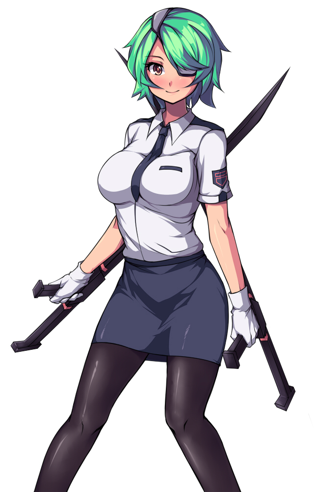 1girl black_pantyhose bladed_tonfa blush breasts eyepatch female_focus gloves green_hair holding looking_at_viewer miniskirt necktie otonashi_kiruko pantyhose pencil_skirt police police_uniform policewoman red_eyes saiste shinmai_fukei_kiruko-san short_hair simple_background skirt smile solo tonfa weapon white_background white_gloves