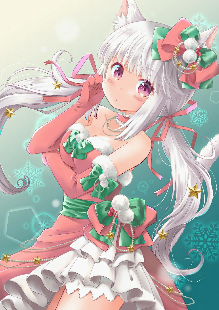 1girl 1revy animal_ear_fluff animal_ears asymmetrical_clothes bare_shoulders blush bow breasts cat_ears choker christmas dress elbow_gloves frilled_choker frills fur-trimmed_gloves fur_trim gloves green_bow hair_bow hair_ornament hair_ribbon hand_on_own_face jewelry long_hair looking_at_viewer low_twintails medium_breasts medium_dress minami_kawa necklace original parted_lips purple_eyes red_bow red_choker red_dress red_gloves red_ribbon ribbon santa_gloves snowflake_background solo standing strapless strapless_dress twintails white_hair yamaguchi_yoshimi