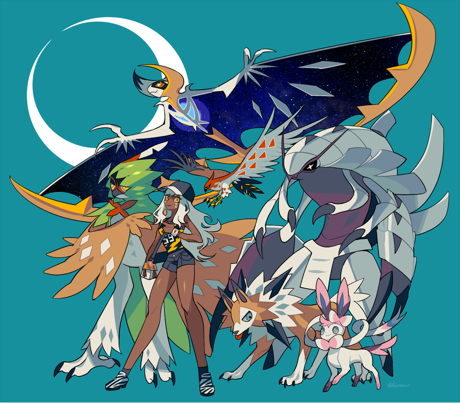 1girl baseball_cap blue_background commentary crescent_moon dark-skinned_female dark_skin decidueye edarow english_commentary gen_6_pokemon gen_7_pokemon golisopod hat legendary_pokemon long_hair looking_at_viewer lunala lycanroc lycanroc_(midday) moon nintendo pokemon pokemon_(creature) shirt shorts standing sylveon talonflame very_long_hair white_hair yellow_eyes yellow_shirt