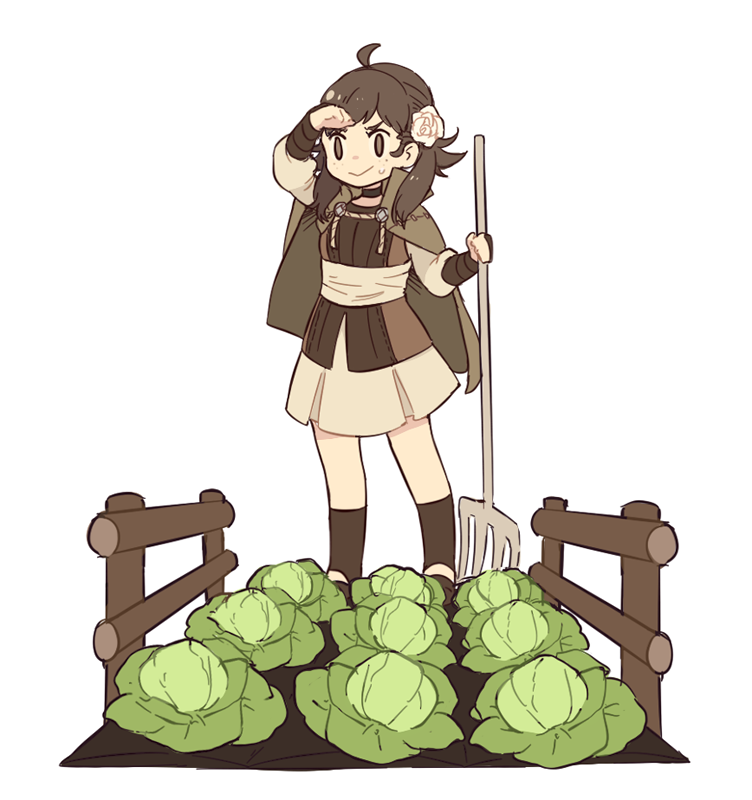 1girl ahoge ai-wa brown_eyes brown_hair cabbage collared_cloak fire_emblem fire_emblem_fates flower food freckles hair_flower hair_ornament mozu_(fire_emblem) nintendo pitchfork vegetable wrist_guards