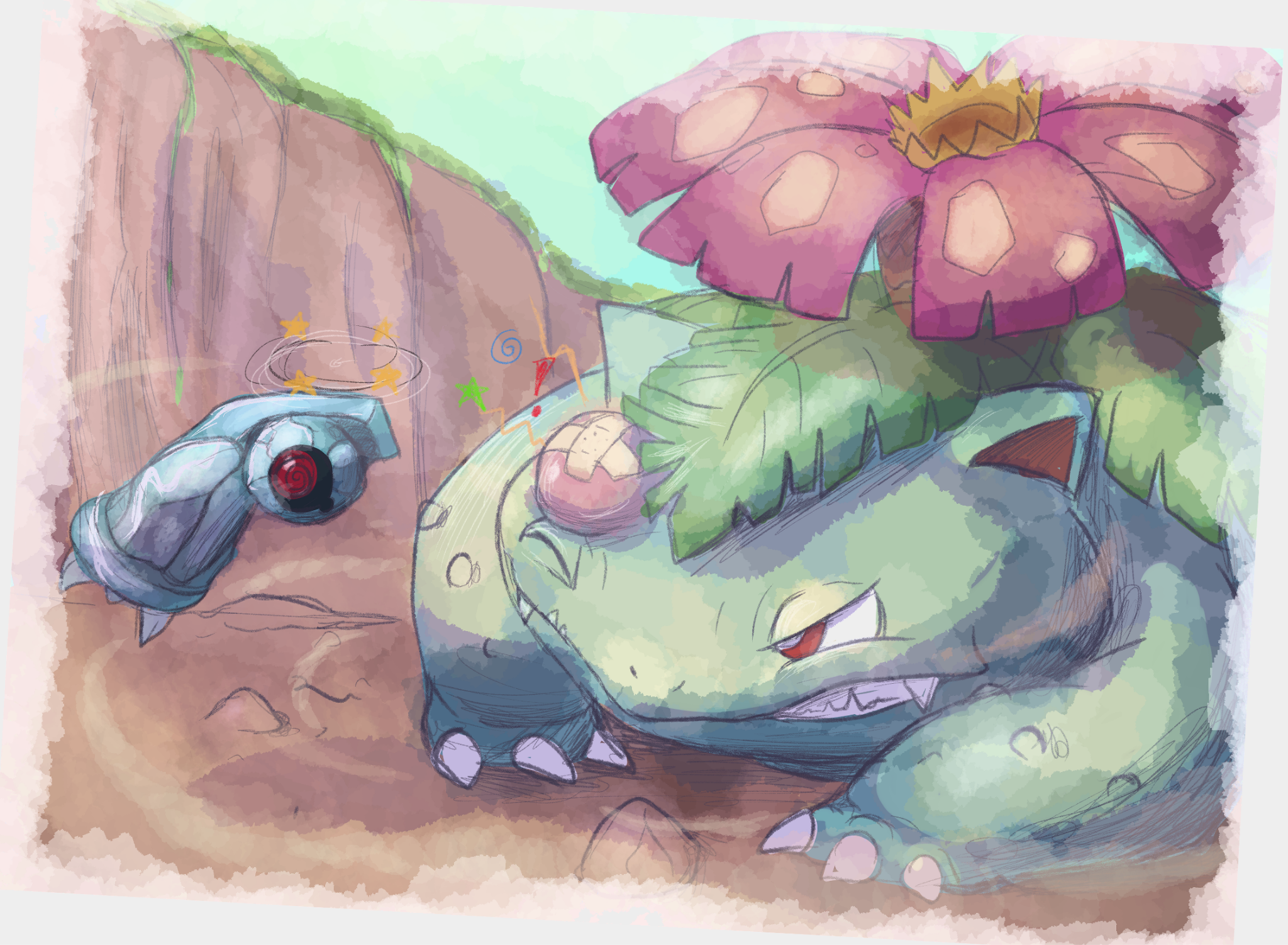 ! @_@ animal_focus beldum border bright_pupils claws commentary dizzy english_commentary gen_1_pokemon gen_3_pokemon grimace head_bump highres nintendo no_humans outdoors pokemon pokemon_(creature) red_eyes venusaur venusaur-propaganda white_pupils wince