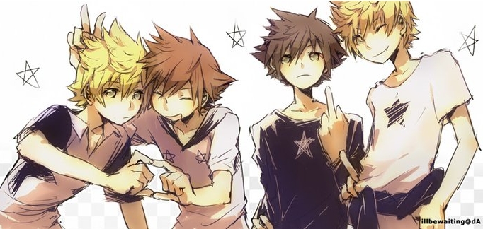 4boys black_hair blonde_hair kingdom_hearts kingdom_hearts_birth_by_sleep male_focus multiple_boys one_eye_closed roxas smile sora_(kingdom_hearts) vanitas_(kingdom_hearts) ventus_(kingdom_hearts) wink