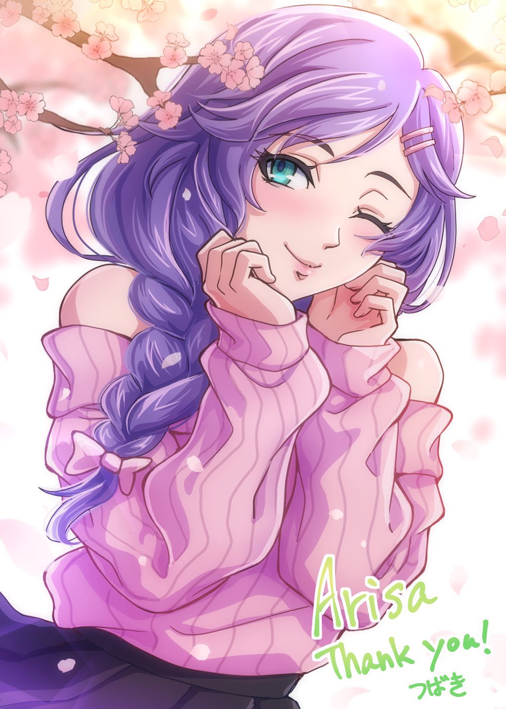 1girl black_skirt blue_eyes bow cherry_blossoms closed_mouth commission flower hair_bow hair_ornament hairclip highres lips long_braid long_hair long_sleeves off_shoulder one_eye_closed original pink_bow pink_flower purple_hair ribbed_sweater skeb_commission skirt smile solo sweater thank_you tsubaki_pbwfa