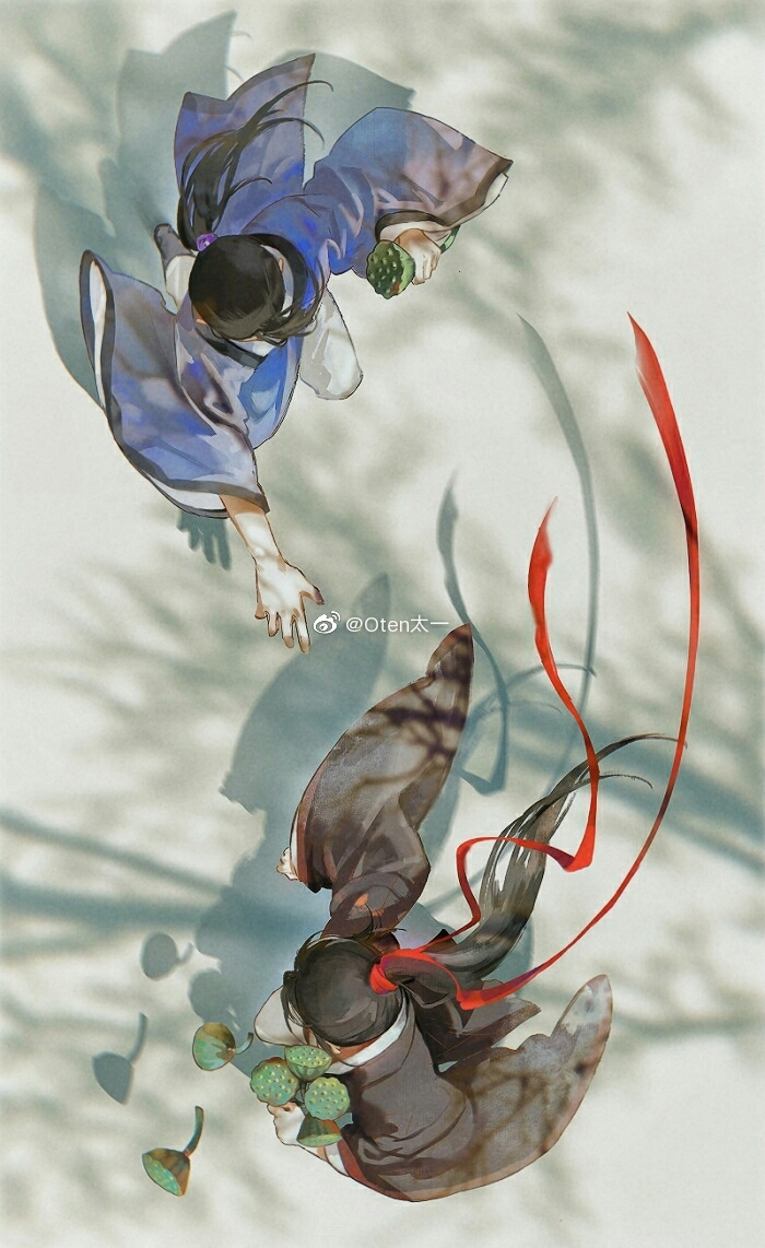 2boys black_hair black_hanfu blurry brothers chinese_clothes facing_away floating_hair from_above hair_ribbon hanfu high_ponytail holding holding_plant jiang_cheng leaf long_hair long_sleeves lotus_pod low_ponytail male_focus modao_zushi motion_blur multiple_boys oten outstretched_arm outstretched_arms plant ponytail purple_hanfu reaching red_ribbon ribbon running sash shadow siblings very_long_hair watermark wei_wuxian weibo_watermark wide_sleeves