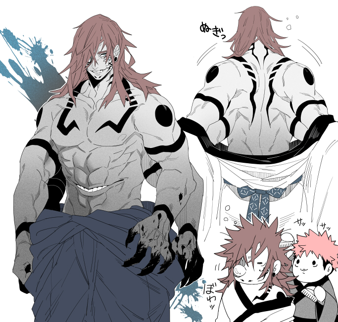 2boys abs arm_tattoo brushing_hair colored_extremities comb grin itadori_yuuji jujutsu_kaisen long_hair looking_at_viewer male_focus multiple_boys multiple_views muscular muscular_male muted_color nipples nose_bubble pectorals robe ryoumen_sukuna_(jujutsu_kaisen) ryoumen_sukuna_(true_form)_(jujutsu_kaisen) shredded_muscles smile squeans stomach_mouth tattoo topless_male translation_request wakame_shi white_background