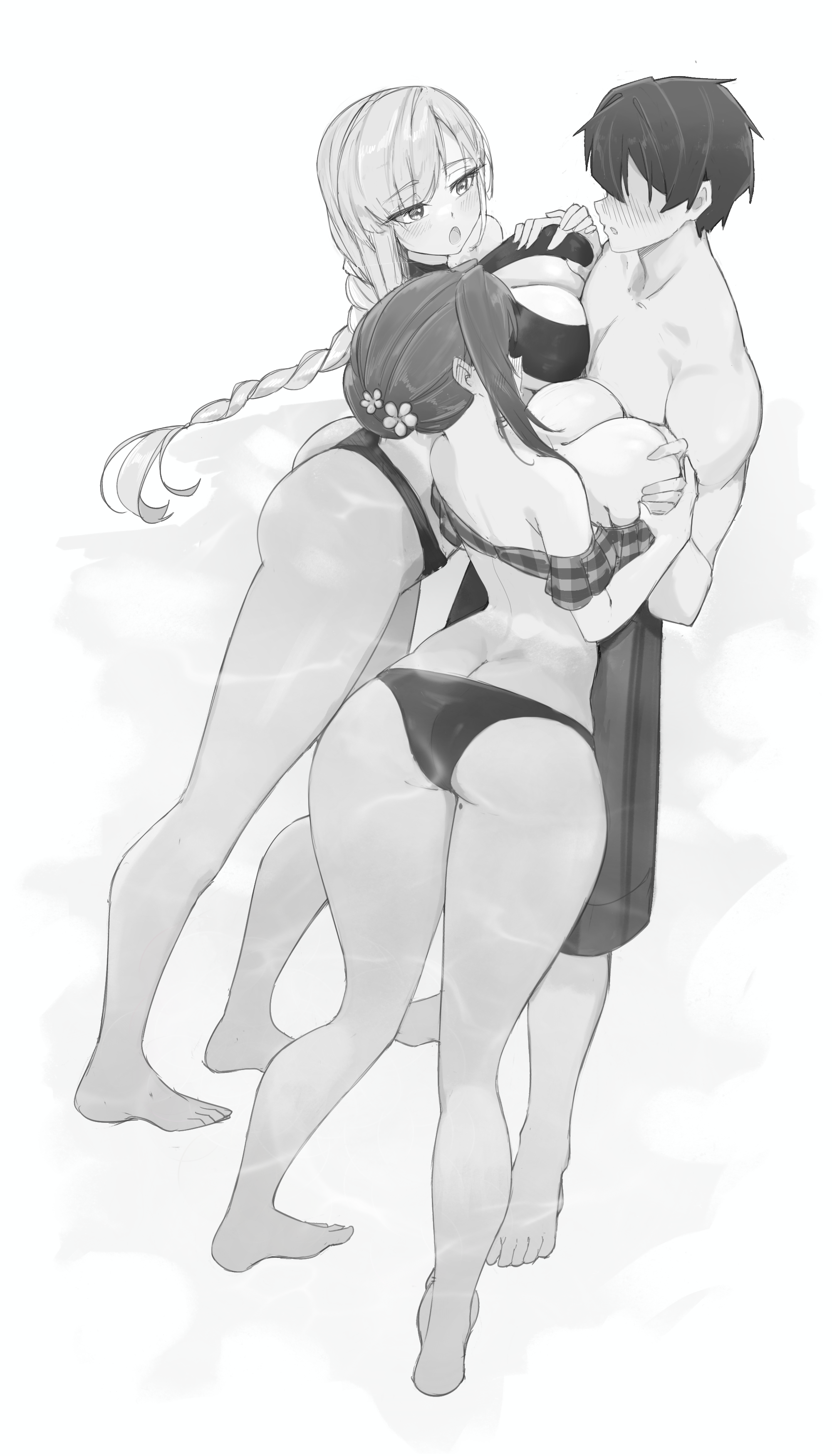 2girls absurdres aijou_rentarou ass ass_focus bikini black_bikini blush breasts eiai_nano flower full_body grabbing_another's_breast greyscale groping hair_flower hair_ornament hanazono_hakari highres hornfelstone kimi_no_koto_ga_dai_dai_dai_dai_daisuki_na_100-nin_no_kanojo large_breasts long_hair mole mole_on_thigh monochrome multiple_girls simple_background swimsuit thighs white_background