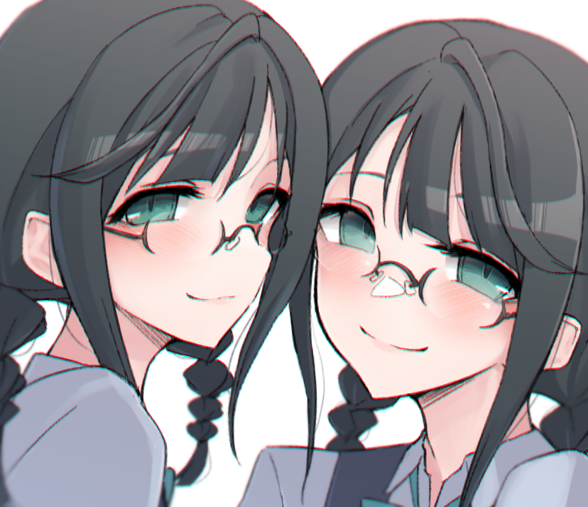 2girls black_hair blue_neckwear blush braid closed_mouth collared_shirt glasses green_eyes grey_shirt looking_at_viewer love_live! love_live!_nijigasaki_high_school_idol_club multiple_girls nasuno_(nasuno42) nijigasaki_student_council_secretary portrait rimless_eyewear school_uniform shirt siblings sisters smile twin_braids twins wing_collar