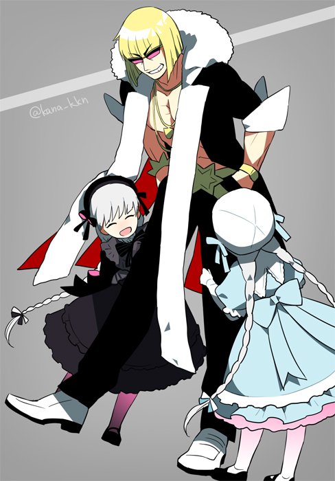 1boy 2girls alice_(fate) blonde_hair braid dress fate/grand_order fate_(series) fur_collar glasses kana multiple_girls nursery_rhyme_(fate) nursery_rhyme_(fate/grand_order) sakata_kintoki_(fate) sakata_kintoki_(third_ascension)_(fate) smile sunglasses white_hair