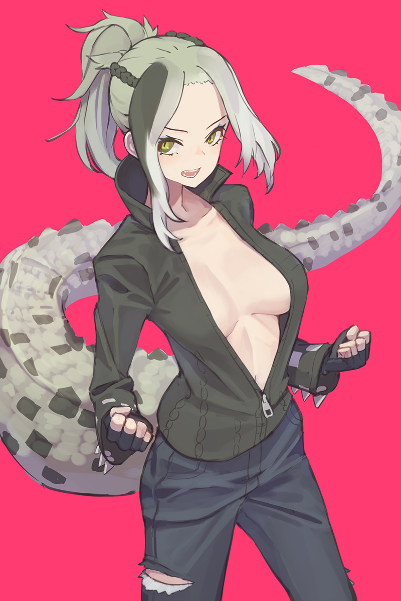 1girl asymmetrical_hair black_gloves breasts breasts_apart clenched_hands collarbone collared_jacket cowboy_shot crocodilian_tail denim don3 duplicate fangs fingerless_gloves forehead gloves green_eyes green_hair green_jacket high_collar high_ponytail highres jacket jeans kemono_friends long_hair long_sleeves medium_breasts multicolored_hair no_bra open_clothes open_jacket open_mouth pants partially_unzipped pink_background ponytail saltwater_crocodile_(kemono_friends) short_hair simple_background slit_pupils solo spikes standing tail torn_clothes torn_jeans torn_pants zipper zipper_pull_tab