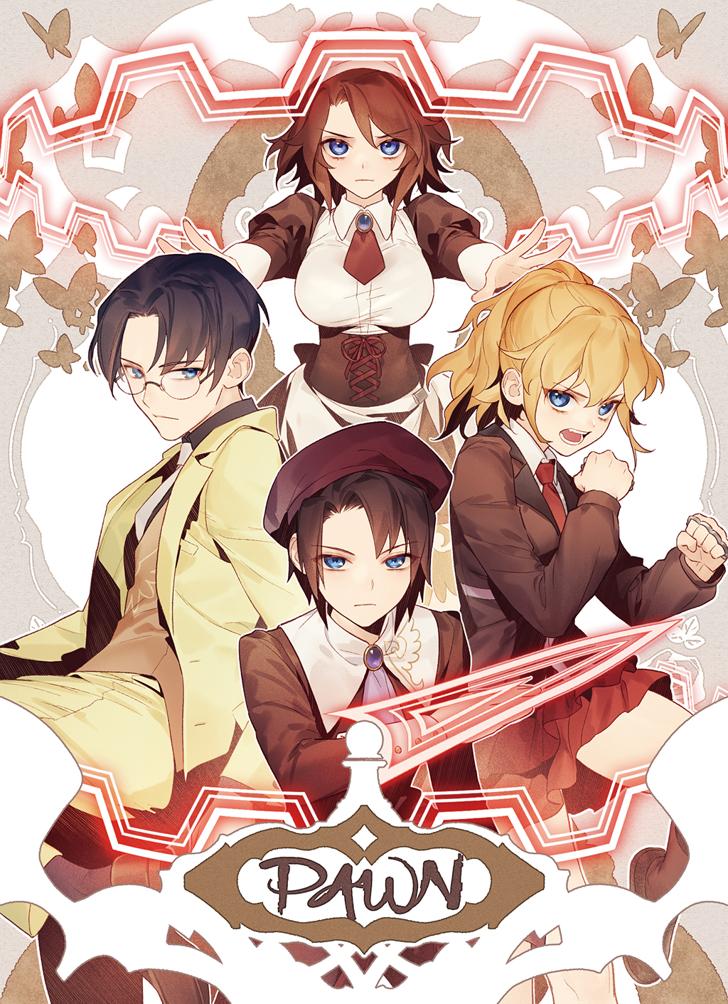 aluce black_hair blonde_hair blue_eyes brown_hair bug butterfly chess_piece coat dress family fighting_stance formal_clothes glasses hat highres insect kanon_(umineko) looking_at_viewer maid necktie open_mouth outstretched_arms pawn_(chess) serious shannon_(umineko) siblings skirt suit sword umineko_no_naku_koro_ni ushiromiya_george ushiromiya_jessica weapon
