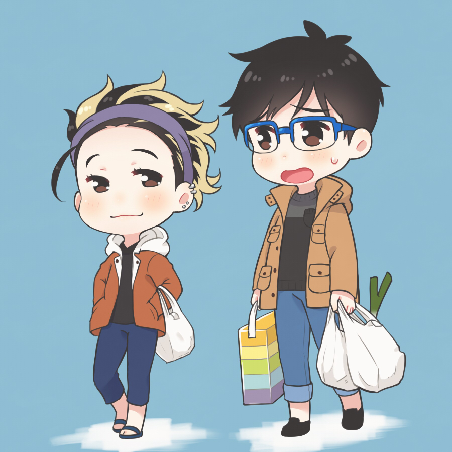 1boy 1girl bag black_hair blonde_hair blue-framed_eyewear brother_and_sister brown_eyes coat denim ear_piercing glasses hands_in_pockets jeans katsuki_mari katsuki_yuuri multicolored_hair open_mouth pants piercing ruei_(chicking) sandals shopping_bag siblings smile spring_onion two-tone_hair walking yuri!!!_on_ice