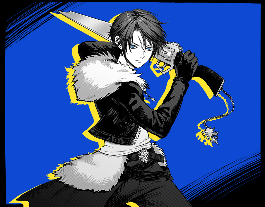 1boy belt belt_buckle black_gloves black_jacket black_pants blue_background blue_eyes buckle charm_(object) cowboy_shot cropped_jacket fighting_stance final_fantasy final_fantasy_viii fur_collar fur_trim gloves gunblade holding holding_weapon jacket long_sleeves looking_at_viewer male_focus multiple_belts pants parted_bangs scar scar_on_face scar_on_forehead shirt short_hair solo spot_color squall_leonhart uboar weapon weapon_charm white_shirt