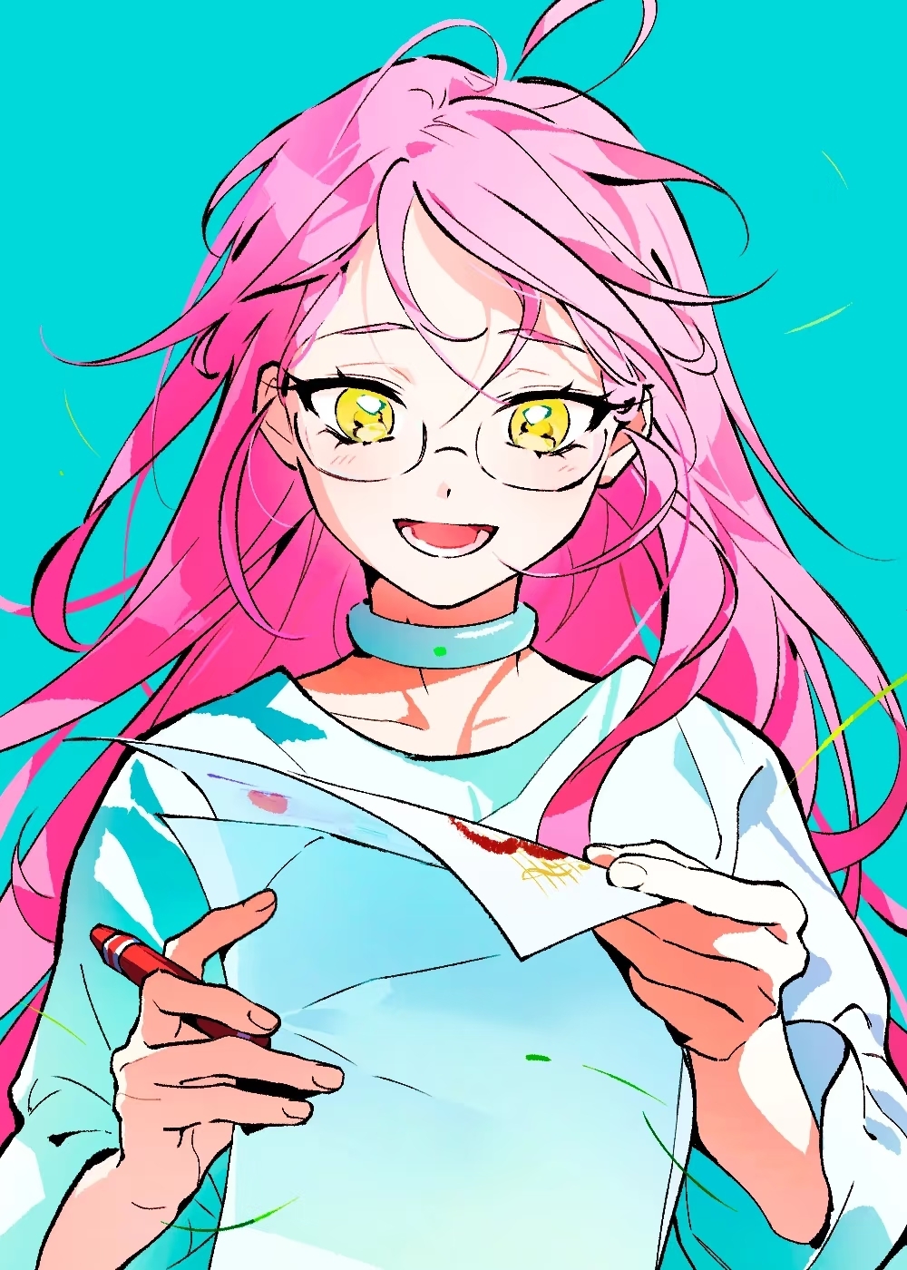 1girl alien_stage blue_background choker commentary crayon dress english_commentary glasses highres holding holding_crayon holding_paper jiaoshui98161 long_hair mizi_(alien_stage) open_mouth paper pink_hair smile solo upper_body white_choker white_dress yellow_eyes