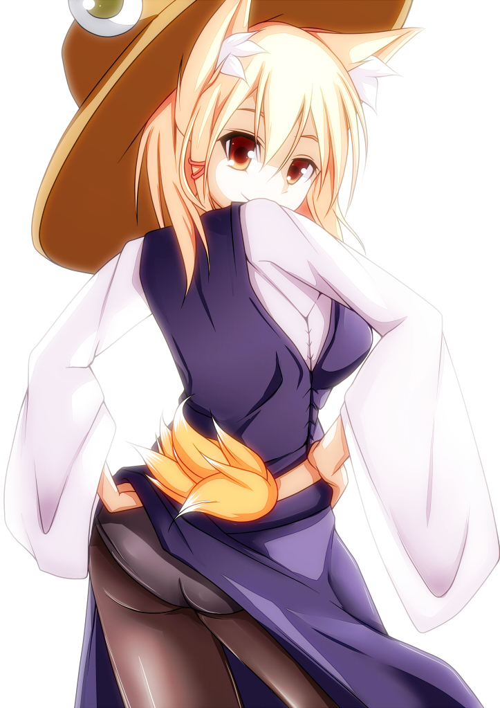 1girl alternate_costume animal_ears ass black_pantyhose blonde_hair breasts brown_eyes clothes_lift cosplay female_focus fox_ears fox_tail hair_ribbon hat kitsune kyuubi large_breasts long_sleeves looking_at_viewer looking_back merry_(diameri) moriya_suwako moriya_suwako_(cosplay) multiple_tails panties panties_under_pantyhose pantyhose pantyshot ribbon shirt simple_background skirt skirt_lift skirt_set solo tail touhou underwear upskirt vest white_background white_panties wide_sleeves yakumo_ran yellow_eyes