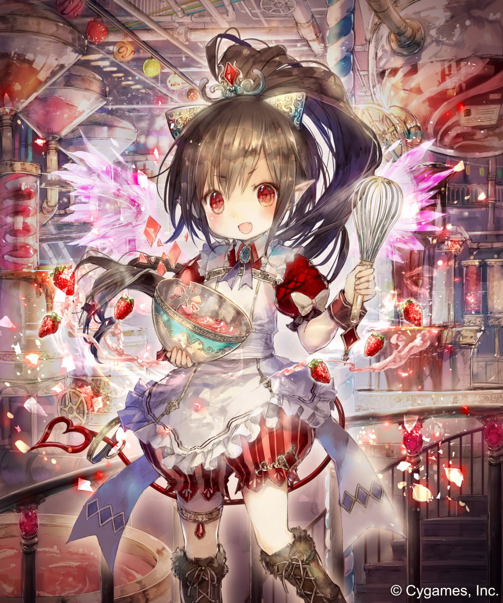 1girl apron banister bloomers boots bow bowl bowtie brown_hair collared_shirt commentary copyright_notice cross-laced_footwear cygames dress food fruit hair_between_eyes handrail highres holding holding_bowl holding_whisk jewelry long_hair long_sleeves onineko open_mouth pantyhose ponytail red_eyes shingeki_no_bahamut shirt stairs strawberry thigh_strap underwear whisk white_apron white_pantyhose