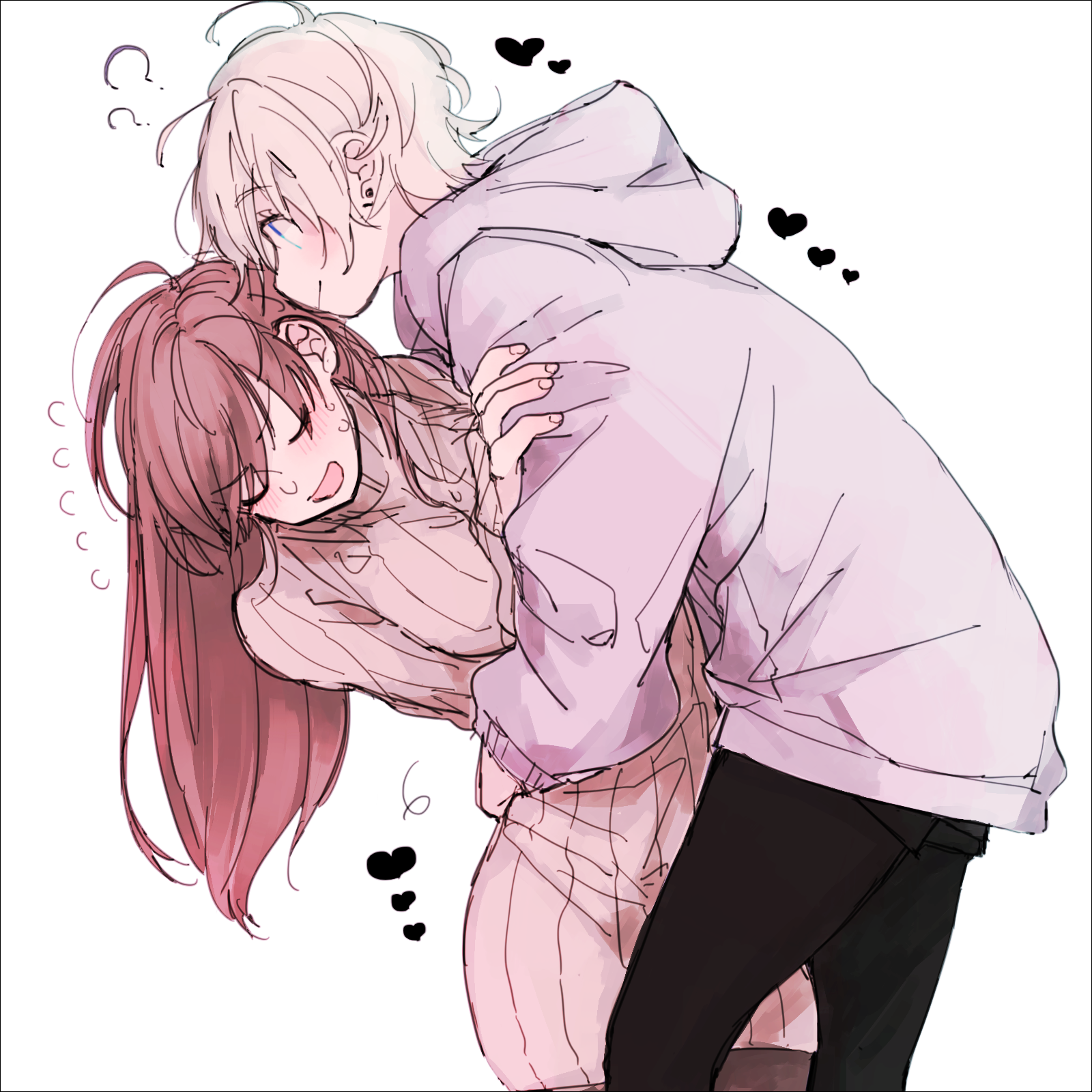 2girls ? ?? amane_(7783) anastasia_(idolmaster) black_pantyhose blush brown_hair closed_eyes commentary_request dress flying_sweatdrops heart highres hood hoodie idolmaster idolmaster_cinderella_girls long_hair long_sleeves multiple_girls nitta_minami open_mouth pantyhose pink_sweater purple_hoodie short_hair smile sweat sweater sweater_dress white_hair yuri