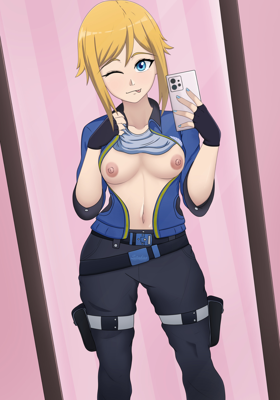 1girl ;p black_gloves black_pants blonde_hair blue_eyes blue_jacket breasts breasts_out cellphone clothes_lift collarbone contrapposto female_pov fingerless_gloves gloves grey_shirt hayley_travis highres holding holding_phone jacket legendary_pictures looking_at_viewer medium_breasts mirror navel netflix nipples no_bra nude one_eye_closed open_clothes pacific_rim pacific_rim:_the_black pants phone pov selfie setrakian_draws shirt shirt_lift sidelocks signature smartphone smile solo standing taking_picture tongue tongue_out unzipped warner_bros watermark