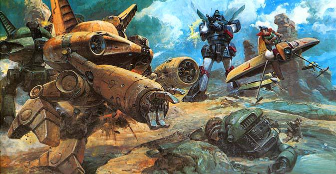 dugger firing gun mecha official_art rag_uralo realistic robot sentou_mecha_xabungle smoke takani_yoshiyuki trad_11 weapon xabungle_(mecha)