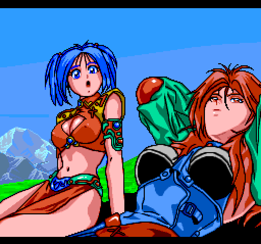 2girls anita_(basted) armor basted blue_hair covered_erect_nipples game gems multiple_girls navel pc_engine pixel_art raiza_(basted) red_hair