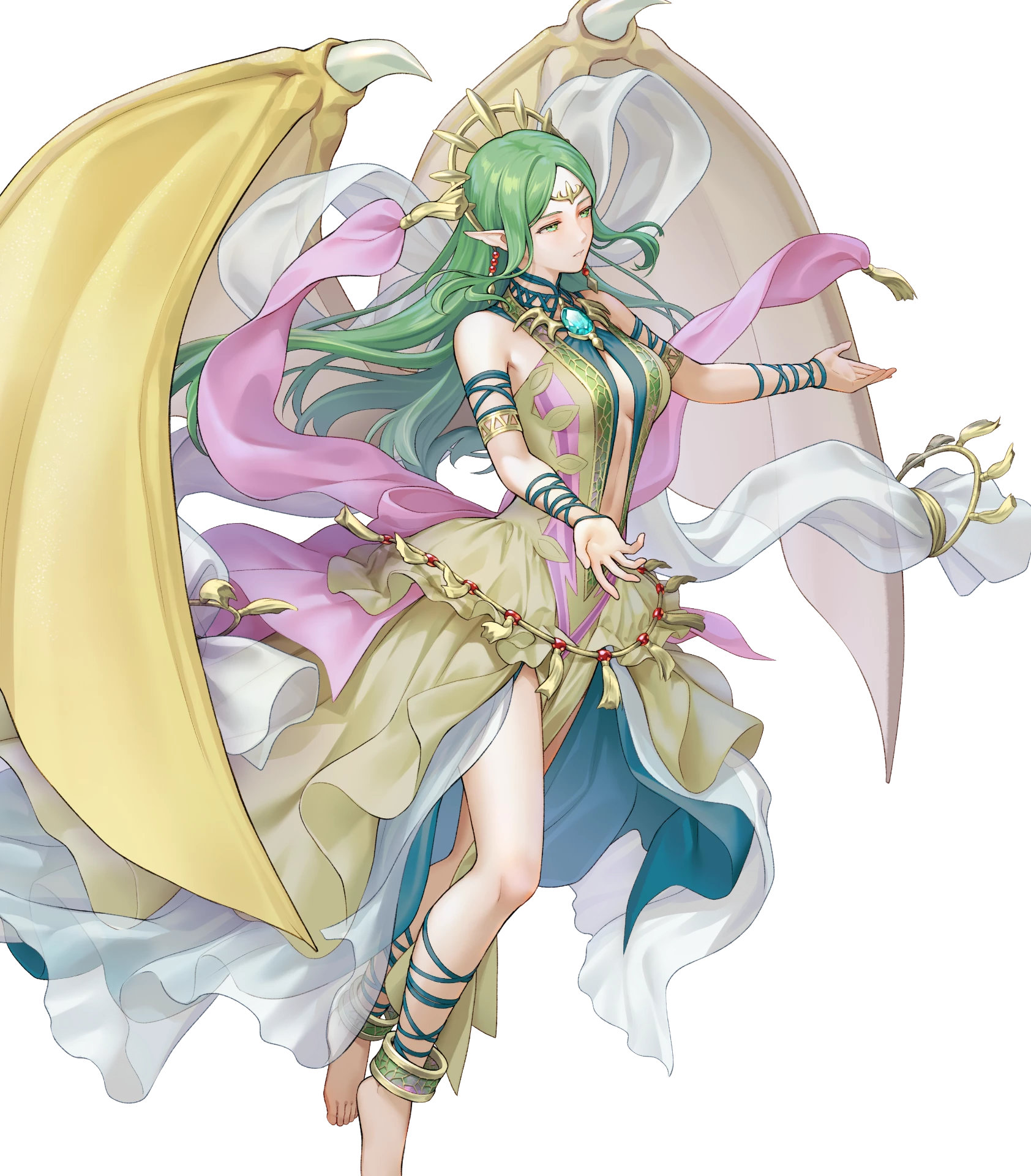 1girl anklet armlet attack barefoot breasts cleavage clothing_cutout dragon_girl dragon_wings dragonstone dress earrings expressionless female_focus fire_emblem fire_emblem:_mystery_of_the_emblem fire_emblem:_shadow_dragon_and_the_blade_of_light fire_emblem_heroes green_dress green_eyes green_hair highres jewelry long_hair matching_hair/eyes medium_breasts naga_(fire_emblem) naga_(ruler_of_dragons)_(fire_emblem) navel navel_cutout nintendo non-web_source official_alternate_costume official_art pendant plunging_neckline pointy_ears shawl small_breasts solo tiara wings