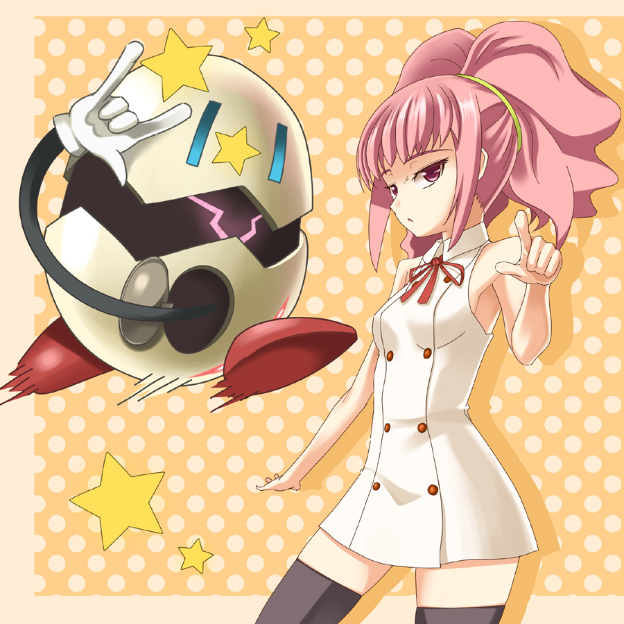 1girl anya_alstreim code_geass cosplay crossover dress female_focus gogochi gotou_yuuko kimi_ga_aruji_de_shitsuji_ga_ore_de kuonji_miyu kuonji_miyu_(cosplay) pink_eyes pink_hair solo star_(symbol) thighhighs voice_actor_connection