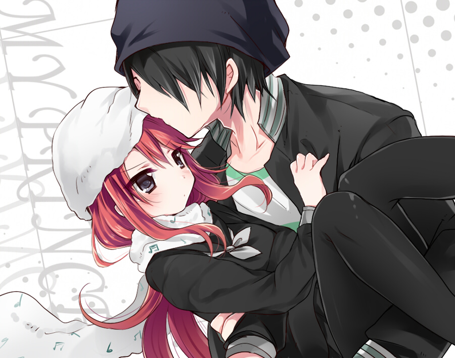 10s 1boy 1girl ban_airi beamed_quavers beanie black_hair blush carrying closed_eyes devil_survivor_(series) devil_survivor_2 english_text grey_eyes hat hetero hoshihuri jacket kiss kissing_forehead long_hair musical_note musical_note_print pantyhose popped_collar princess_carry red_hair scarf school_uniform serafuku sidelocks simple_background torii_jungo white_background