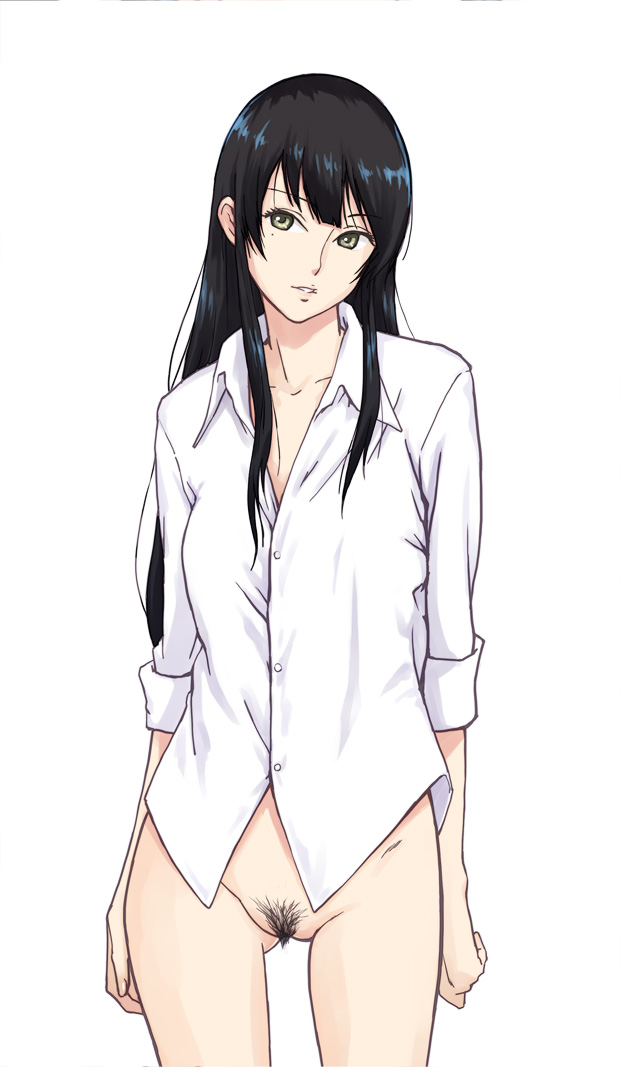 10s 1girl black_hair bottomless dress_shirt female_focus female_pubic_hair kaburagi_yuki kujou_sakurako_(sakurako) long_hair looking_at_viewer mole mole_under_eye naked_shirt parted_lips pubic_hair pussy sakurako-san_no_ashimoto_ni_wa_shitai_ga_umatteiru shirt solo thigh_gap uncensored