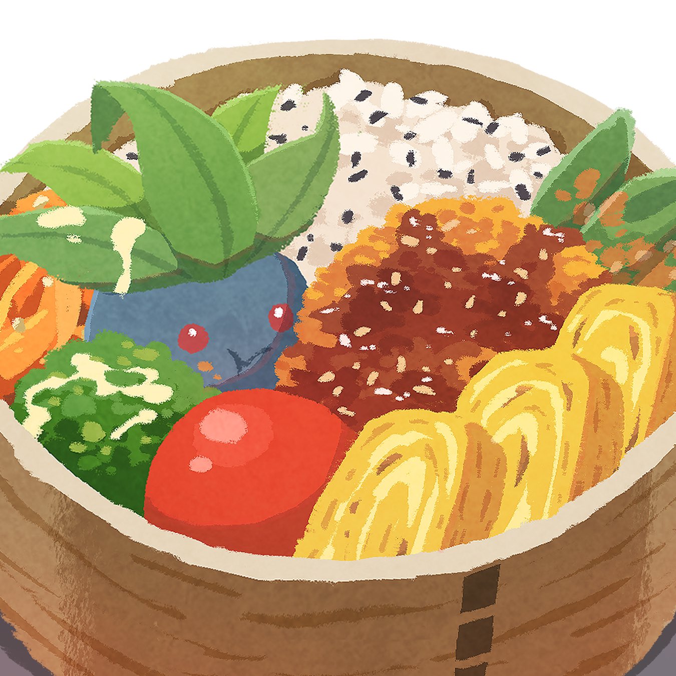 :t bento closed_mouth commentary_request crumbs eating food gen_1_pokemon highres in_food leaf miclot nintendo no_humans oddish pokemon pokemon_(creature) red_eyes rice tomato