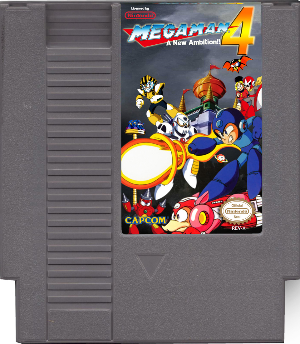1990s_(style) 1girl 5boys proto_man capcom castle classic drill drill_hand drill_man game hat kalinka_cossack_(mega_man) multiple_boys nes_cartridge nintendo pharaoh_man rock_buster mega_man_(series) mega_man_(character) mega_man_(classic) mega_man_4 rush_(mega_man) skull_man