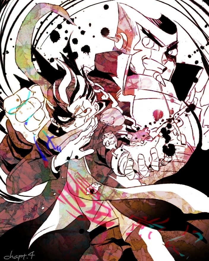 2boys animal bandaged_hand bandages chain cham-p clenched_hand danganronpa_(series) danganronpa_2:_goodbye_despair hamster heterochromia holding holding_animal jacket jum-p maga-g mitsumame0810 monochrome multicolored_hair multiple_boys nidai_nekomaru open_clothes open_jacket partially_shaded_face robot scarf spoilers sun-d tanaka_gundham teeth two-tone_hair v-shaped_eyebrows