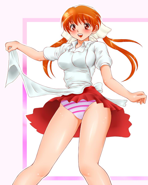 00s 1girl apron blush female_focus headband muteki_kanban_musume onimaru_miki panties skirt smile solo underwear