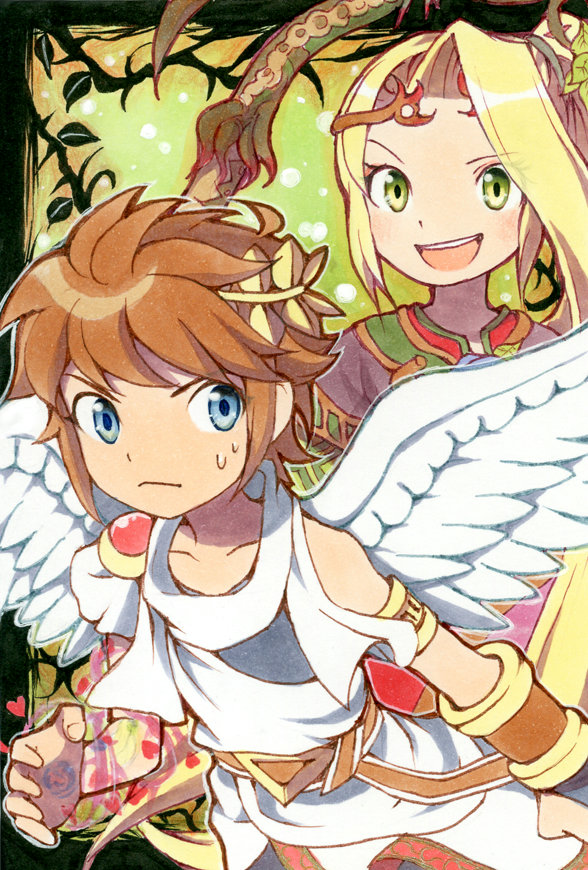 1boy 1girl :d angel angel_wings armlet azumi_(tks-sd) belt blonde_hair blue_eyes bracer brown_belt brown_hair closed_mouth feathered_wings frown gold_armlet hand_up heart jewelry kid_icarus kid_icarus_uprising male_focus nervous_sweating nintendo open_mouth pit_(kid_icarus) sidelocks smile sweat teeth upper_teeth_only v-shaped_eyebrows v-shaped_eyes viridi viridi_palm_(kid_icarus) white_wings wings