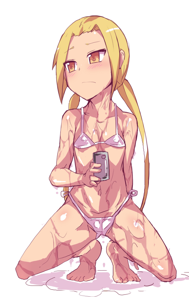 1girl bikini flat_chest gedou_danshaku hagimura_suzu seitokai_yakuindomo selfie simple_background solo swimsuit tagme wet white_background