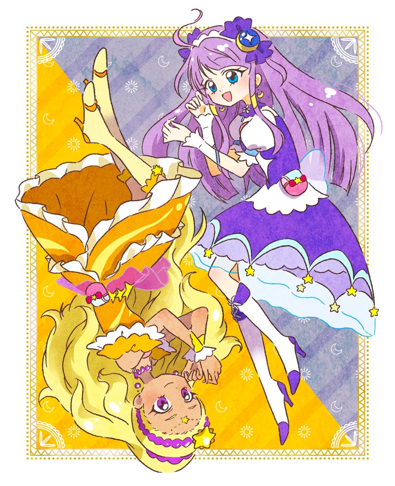 2girls :d ahoge amamiya_elena bare_shoulders bead_choker beads blonde_hair blue_eyes blush boots bow choker closed_mouth commentary_request crescent crescent_earrings cure_selene cure_soleil dark-skinned_female dark_skin dress earrings hair_ornament hairband hoppetoonaka3 jewelry kaguya_madoka long_hair magical_girl multiple_girls open_mouth orange_dress planet_hair_ornament precure puffy_sleeves purple_choker purple_dress purple_eyes purple_hair purple_hairband short_sleeves smile star_(symbol) star_hair_ornament star_twinkle_precure wrist_cuffs yellow_boots