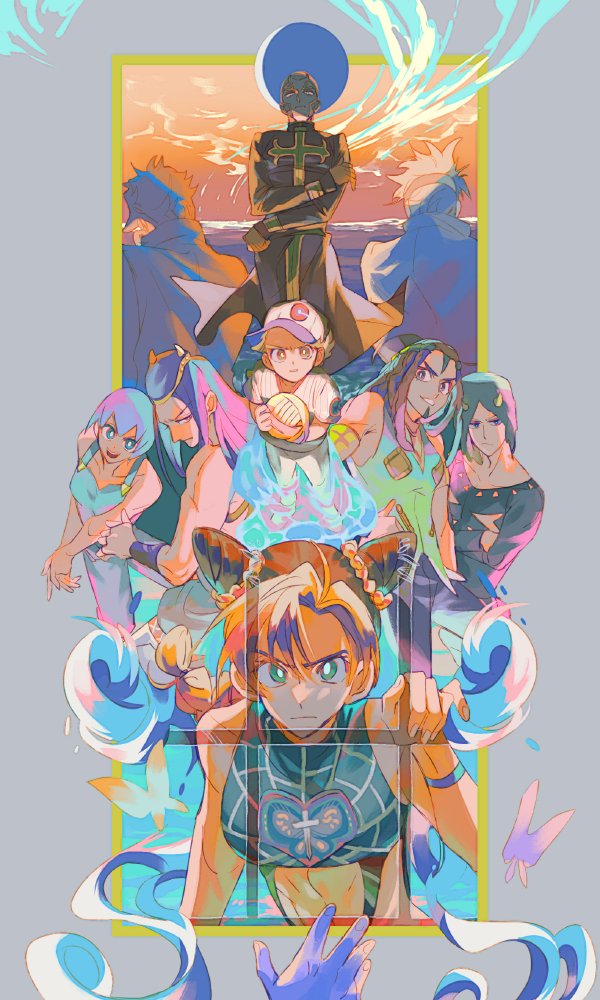 baseball_uniform black_hair blonde_hair brown_hair crescent_moon dio_brando emporio_alnino enrico_pucci ermes_costello everyone foo_fighters_(jojo) jojo_no_kimyou_na_bouken kuujou_jolyne kuujou_joutarou moon multicolored_hair narciso_anasui outstretched_hand partially_submerged pink_hair priest senzzang sportswear stone_ocean two-tone_hair weather_report window
