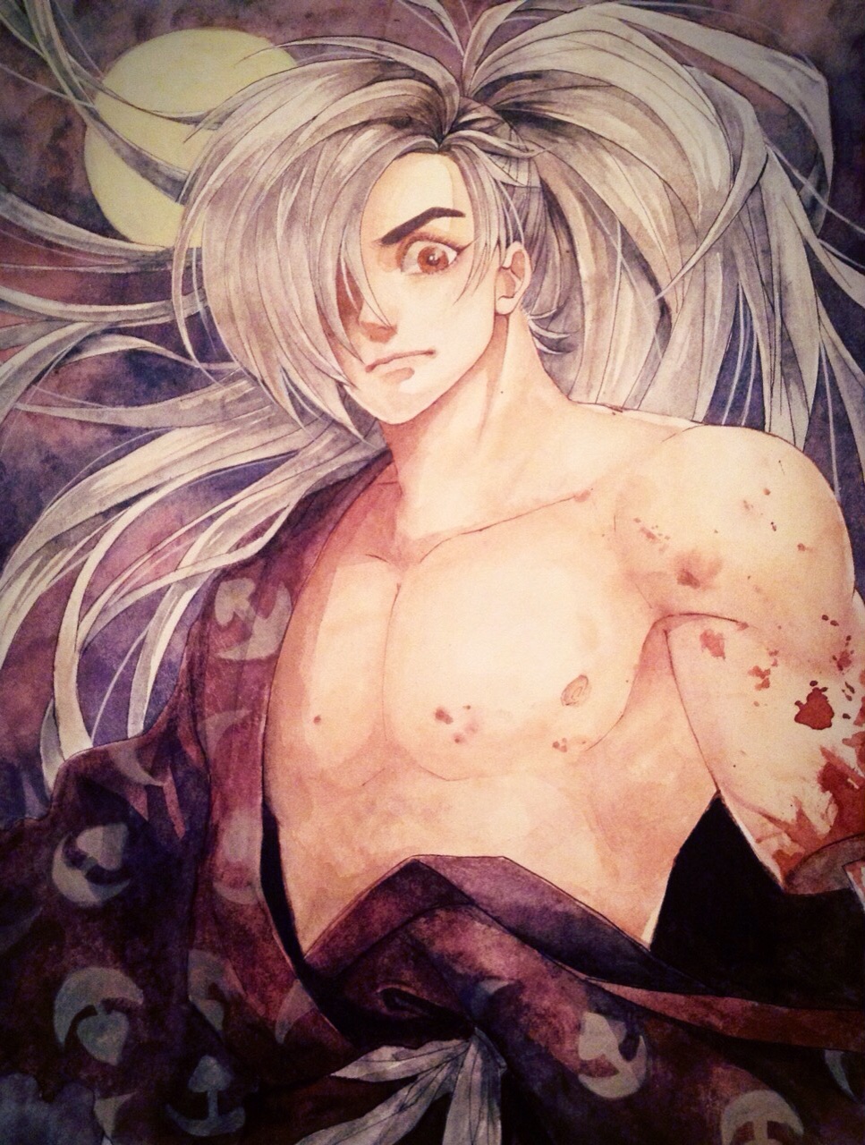 1boy bare_pectorals brown_eyes closed_mouth dororo_(tezuka) full_moon grey_hair hair_over_one_eye hashi84e highres hyakkimaru_(dororo) japanese_clothes kimono long_hair male_focus moon pectorals ponytail prosthesis prosthetic_arm prosthetic_weapon solo torn_clothes torn_kimono