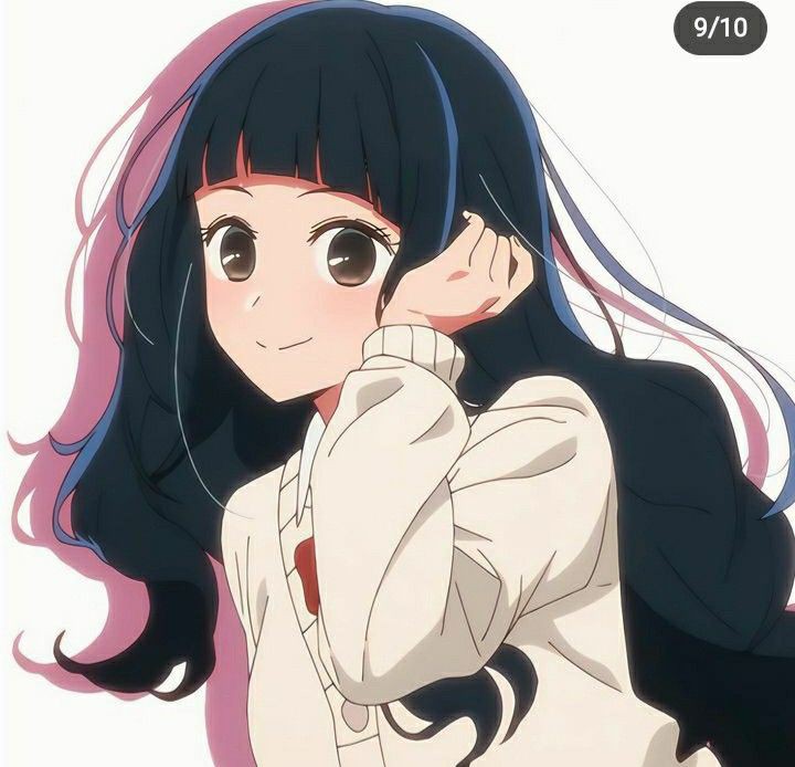 1girl arm_up black_hair blush brown_eyes long_hair oshi_no_ko red_ribbon ribbon simple_background smile sumi_yuki sweater very_long_hair white_background white_sweater