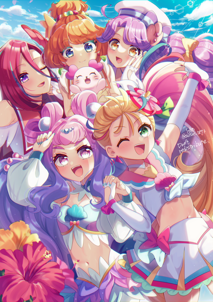 5girls :d ;d artist_name blonde_hair blue_eyes blue_hair blue_sky bow bow_skirt choker closed_mouth cloud cloudy_sky commentary_request cropped_shirt cure_coral cure_flamingo cure_la_mer cure_papaya cure_summer day doroshii earrings elbow_gloves feather_hair_ornament feathers fingerless_gloves flower gloves gradient_hair green_eyes hair_between_eyes hair_flower hair_ornament hair_ribbon hand_on_own_face hat hibiscus holding_hands ichinose_minori jewelry kururun_(precure) laura_la_mer long_hair long_sleeves looking_at_viewer low_twintails magical_girl midriff miniskirt multicolored_hair multicolored_shirt multicolored_skirt multiple_girls nail_polish natsuumi_manatsu neckerchief off-shoulder_shirt off_shoulder one_eye_closed open_mouth orange_hair outdoors partial_commentary pearl_hair_ornament pink_eyes pink_hair pink_sailor_collar pleated_skirt pouch precure purple_eyes purple_hair red_hair ribbon sailor_collar sailor_hat shell_brooch shirt side_ponytail signature skirt sky sleeveless sleeveless_shirt smile standing suzumura_sango takizawa_asuka tropical-rouge!_precure twintails twitter_username very_long_hair white_choker white_gloves white_hair white_neckerchief white_ribbon white_shirt white_skirt yellow_eyes