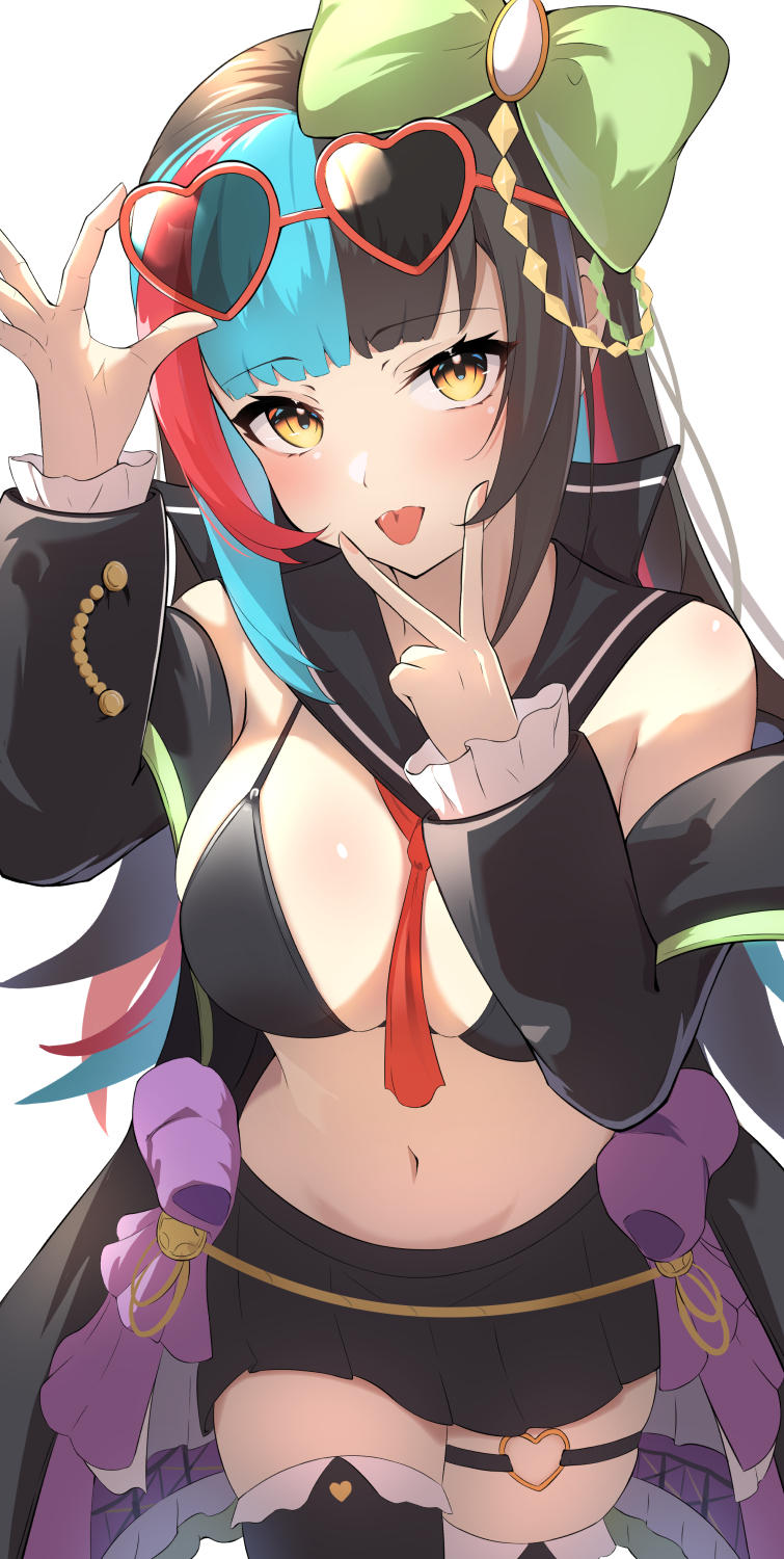 1girl black_skirt black_thighhighs bow breasts eyewear_on_head fate/grand_order fate_(series) hair_bow heart heart-shaped_eyewear highres large_breasts long_hair multicolored_hair navel o-ring o-ring_thigh_strap sei_shounagon_(fate) sei_shounagon_(swimsuit_berserker)_(third_ascension)_(fate) skirt sunglasses thigh_strap thighhighs tongue tongue_out umi_endu v v_over_mouth yellow_eyes