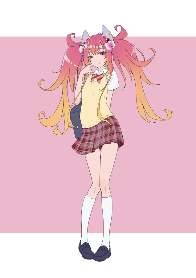 1girl bag bow bowtie contemporary duel_monster full_body pink_background red_eyes school_bag school_uniform shoes shun_no_shun simple_background skirt socks solo traptrix_mantis twintails yu-gi-oh!