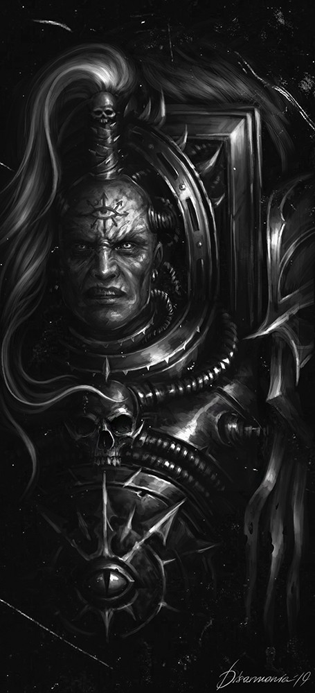 1boy abbadon_the_dispoiler armor breastplate chaos_(warhammer) clenched_teeth commentary english_commentary eyes_of_horus_(warhammer_40k) greyscale hair_ornament heresy high_ponytail long_hair monochrome ornate ornate_armor pelt ponytail power_armor shoulder_armor signature skull skull_hair_ornament skull_ornament teeth terminator_armor veronica_anrathi warhammer_40k