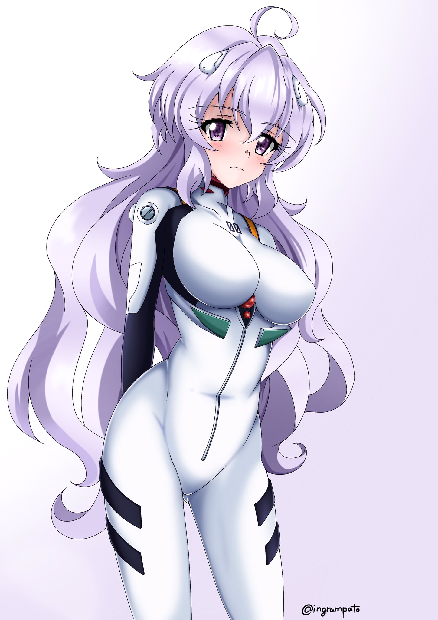 1girl ahoge arms_behind_back bodysuit breasts closed_mouth grey_bodysuit grey_hair hair_between_eyes headgear highres kyomeihibiki large_breasts long_hair mecha_pilot_suit plugsuit_(evangelion) purple_eyes purple_hair senki_zesshou_symphogear senki_zesshou_symphogear_xd_unlimited yukine_chris_(another)
