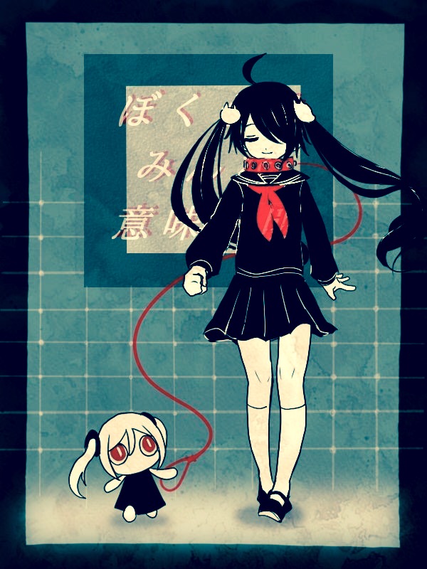 2girls abara_tarou ahoge aimaina animal_collar animal_hair_ornament arm_at_side black_dress black_footwear black_hair black_sailor_collar black_shirt black_skirt blue_background blue_border bokura_wa_minna_imi_fumei_(vocaloid) border chibi clenched_hand closed_eyes closed_mouth collar dot_nose dress full_body kneehighs long_hair looking_at_another looking_up mary_janes mini_person minigirl miniskirt multiple_girls one_eye_covered pleated_skirt red_collar red_eyes sailor_collar sailor_shirt shirt shoes skirt smile socks standing swept_bangs twintails very_long_hair white_hair white_socks