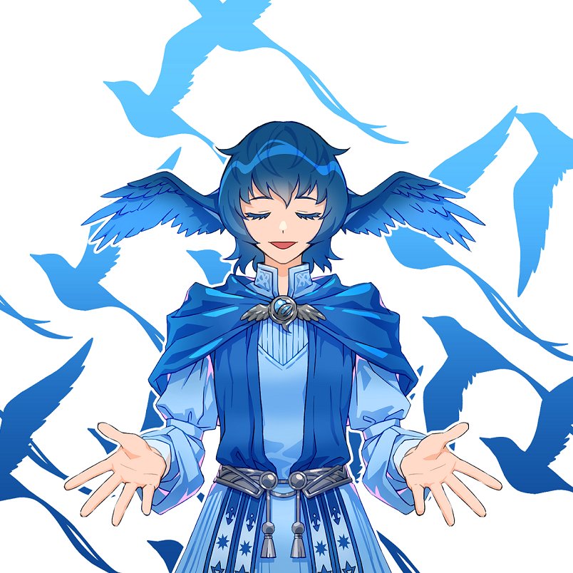 1girl belt bird bird_girl bird_wings blue_capelet blue_dress blue_hair brooch capelet closed_eyes collared_dress cowboy_shot dress facing_viewer feathered_wings final_fantasy final_fantasy_xiv head_wings jewelry meteion open_mouth outstretched_hand short_hair silhouette simple_background smile solo straight-on tassel white_background wings zmeoow