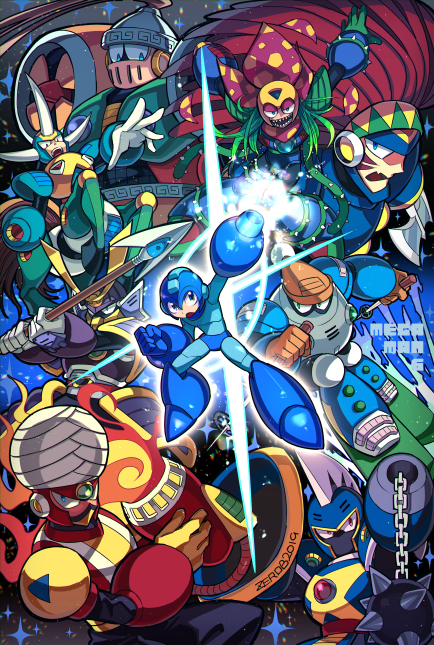 6+boys arm_cannon blizzard_man blue_eyes borezet centaur_man commentary_request covered_mouth fake_horns flame_man flower glaring green_eyes hat helmet highres holding holding_polearm holding_weapon horned_helmet horns knight_man mega_man_(character) mega_man_(classic) mega_man_(series) mega_man_6 multiple_boys no_humans no_mouth plant_man polearm red_eyes sharp_teeth ski_gear teeth tomahawk_man weapon wind_man wrecking_ball yamato_man